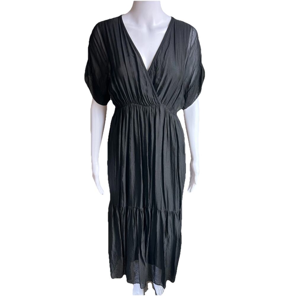 Meo Meli Italy 100% Silk Maxi Dress Black Tiered Boho Resort V Neck OS